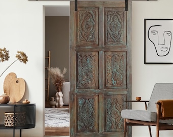 Nature Carved Barn Doors, Boho Blue Sliding Door, Vintage Chic Interior Doors, Hinged Doors, Pocket Door, Bedroom Door, 96x48