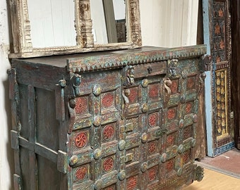 Antique Indian Manjoosh, Rustic Blue Carved Chakra Jaipur Trunk, Hope Chest, Bar Cart, Wine Chest On Wheels