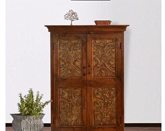 Antique Armoire from India, Teak Wood, Craved Accent Cabinet, Bedroom Chest, Storage Cabinet, 55