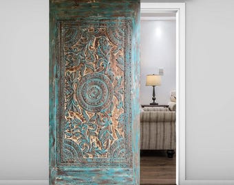 Huge Hand Carved door Brass Studs Lotus Mandala Carved Barn Door Carved Wood, Vintage Blue Carved Door Custom, Sliding door 100X50