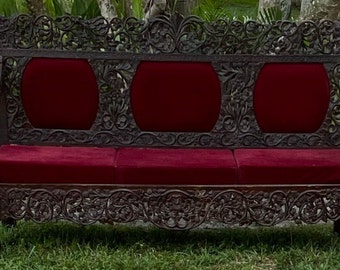 Intricately Carved Teak Bench, Antique Indian Daybed Hand carved Sofa 3 seater, Ornate Carved Indian Antique Sofa Unique Eclectic