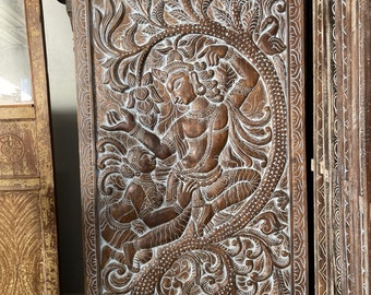 Vintage Door Panel, Krishna Radha Carving Barn Door Panel, Hand Carved Wall Sculpture, Indian Art Panels, Artistic Elements