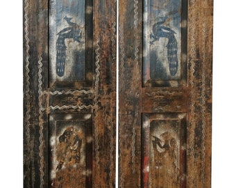 Antique Indian Door Panels, Dark Brown Krishna Peacock Painted Interior Doors, Artisan Teak Wood Door Panels Rustic Farmhouse Doors