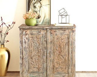 Antique Indian Cabinet, Vintage Carved Chest, Boho Home, Beige Floral Carved Cabinet, Rustic Eclectic Hall Table, Vanity, Unique Decor