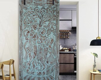 Krishna Radha Carving Barn Door Panel, Vintage Door Panel, Blue, Hand Carved Wall Sculpture, Indian Art Panels, Artistic Elements 96x41