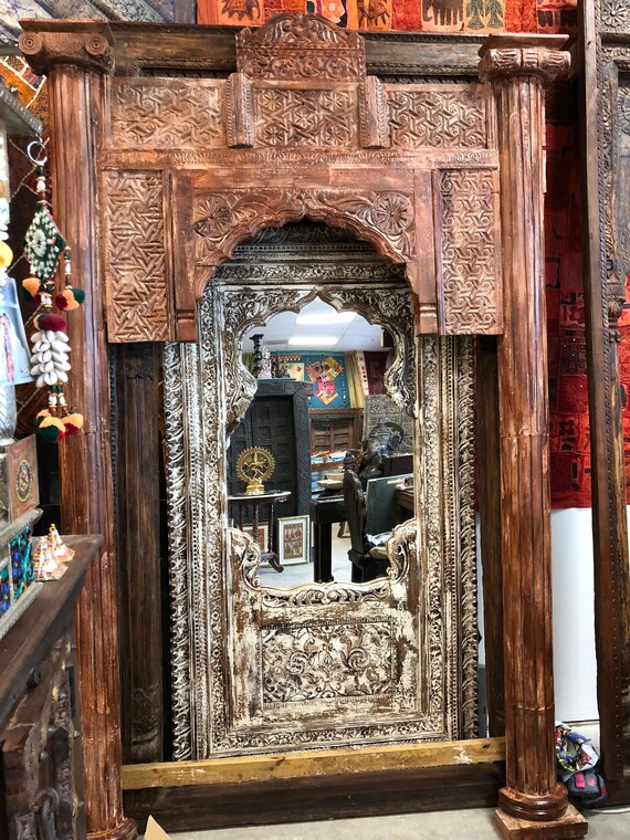 Huge Wall Mirror Architectural Arch Carved Wall Floor Mirror Rustic Design Vintage Wooden Arches Veranda Frame Farmhouse Eclectic Bohemian