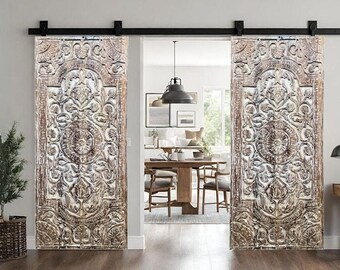 Carved Wood Door, Whitewashed Indo French Carved Sliding Barn Door, Custom, Door Headboard, Reclaimed Wood Nature Carved Wall Doors