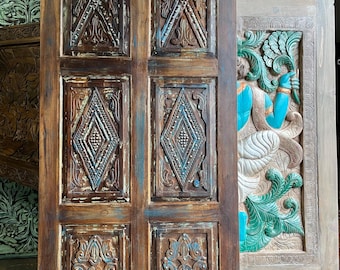 Copper Studded Iris Carved Barn Door Panel, Bedroom Door, Vintage Blue Eclectic Reclaimed wood artistic Statement Doors 7'x3'