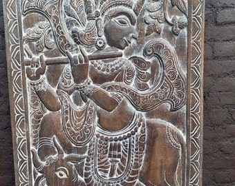Krishna Vintage India Carved Custom Barn Door, Krishna Playing Flute w/Cow, Rustic Yoga Wall Sculpture Art