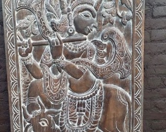 Krishna Vintage India Carved Custom Barn Door, Krishna Playing Flute w/Cow, Rustic Yoga Wall Sculpture Art