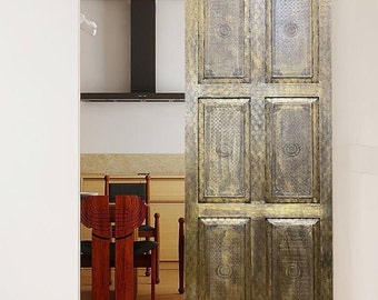 Burnished Brass Cladded Barn Doors, Sliding Barndoor, Carved Indian Double Door, Interior Doors, Moroccan Doors, Paneled Bedroom Doors 96