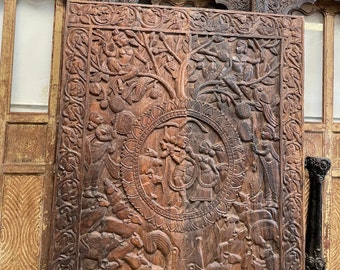 19c Antique Barndoor, Custom, Carved Wood, Fluting Krishna Radha, Kalpavriksha, Celebration of Life Carving, Wall Art, Unique Eclectic