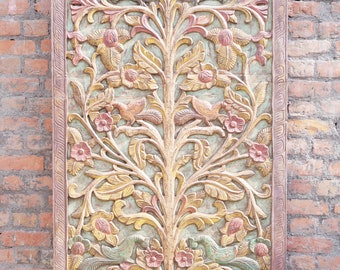 Vintage Colorful Barn Door, Reclaimed Wood,Tree of Life , Door Panel, Sculpture Floral Carving, WALL Relief, Kalpavriksha Wall Art