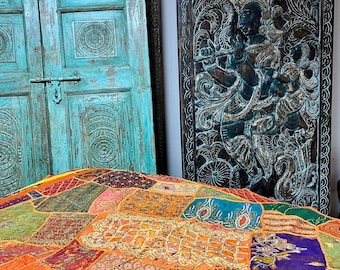 Vintage Wall Hanging Tapestry, Orange Embroidery Zardozi Wall Decor, Patchwork Wall Art, Boho Handmade Tapestries