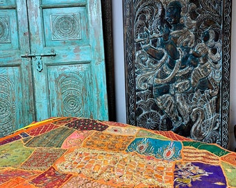 Wall Hanging Tapestry, Orange Embroidery Sequins Work Wall Decor, Patchwork Wall Art, Traditional Handmade Tapestries