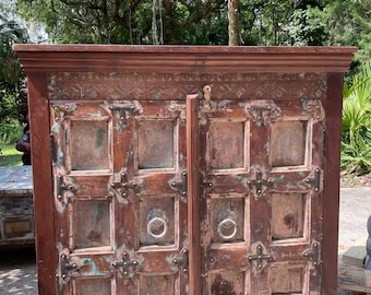 Antique Farmhouse Sideboard, Eclectic Rustic Cabinet Chest,  Door Sideboard, Hall Chest, Vanity, Reclaimed Teak Door, Storage Chest