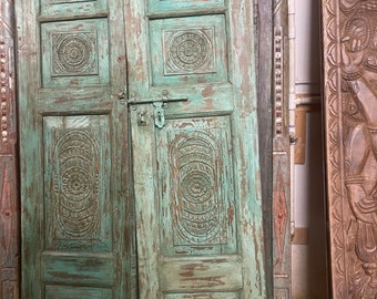 Indian Antique Door, Unique Eclectic Turquoise Hand Carved Doors, Thousand Petalled Lotus Panels 80