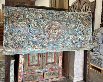 Lotus Harmony Carved Door Headboard, Vintage King Headboard, Rustic Modern Maximalist Boho Decor, Eclectic & Unique
