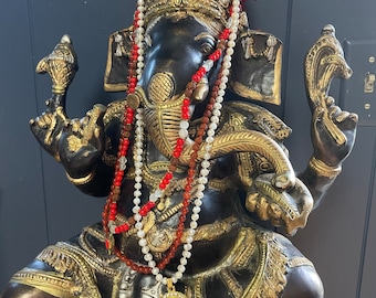 Ganesha Altar - Yoga Malas, Healing Japamala, Ganesha Brass Statue Seated on Lotus Base, Gold Accent Ganesh Sculpture, Handmade