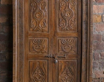Elegant Haveli Antique Indian Doors With Frame Rustic Brown Doors, Detailing Unique Architecture Garden Door 19c