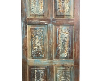 Rustic Bedroom Door, Sliding Door, Wall Art, Blue Vintage Carved Barn Door, Rustic Farmhouse Interior Design 80x36
