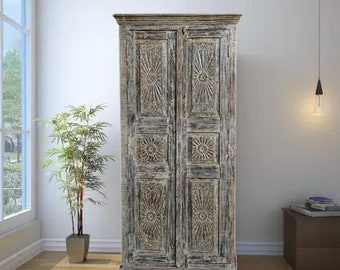 Whitewashed Carved Cabinet, Indian Armoire, Cabinet, Tall Accent Armoire, Boho Home, Unique Eclectic Decor