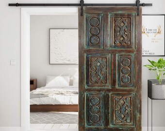 Artistic Carved Sliding Barn Door, Interior Door, Vintage Organic Door, Blue Doors, Barndoor, Custom, Studio, Bedroom Doors, 80x36