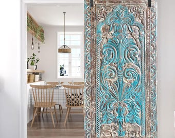 Artistic Carved Tree of Life Barn Door, Bold Blue Sliding Barn Door, Reclaimed Wood Wall Art, Unique Eclectic, Vintage Holistic Design 84x40