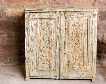 Rustic Antique Chest, Floral Carved Boho Sideboard, Teak Indian Cabinet, Foyer Hall Cabinet, Mediterranean Vanity Table, Unique Eclectic