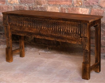 Rustic Carved Console Table, TV Stand, Vintage Wood Sofa Accent Table, Hand Carved Reclaimed Wood Farmhouse Hall Table