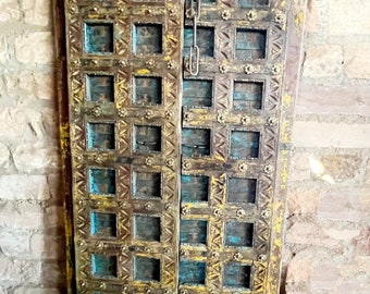 Antique INDIAN JAIPUR DOOR, Handcarved Blue Yellow Haveli Doors, Patina Door Farmhouse Distressed Teak Door, Garden Resort Decor 86x46 Inch