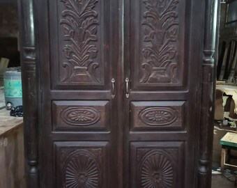 Rustic Vintage Armoire From India, Living Room Armoire, Floral Sunray Carved Cabinet, Dark Wood Wardrobe, Tall Cabinet, NEW SHIPMENT