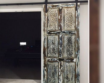 Rustic Farmhouse Vintage Sliding Doors, Distressed WHITE Wood, Carved Barn Doors, Mindful Unique Eclectic 80x30