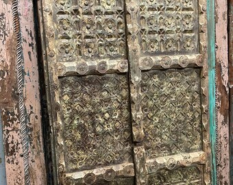 Country Farmhouse Garden Doors, Rustic Indian Teak Door Panels, 2 Hand-Carved Doors, Yellow Daisies Ochre Barn Door Panels 80