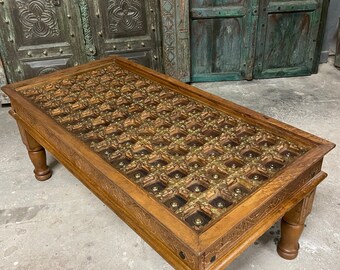 Rustic Brown Vintage Cocktail Coffee Table, Chai Table, Brass Accent Living Room Table, Indian Door Table, Hand Carved Table Boho Home Decor