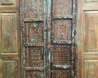 Rustic Barn Doors, Hidden Paths Maze Carved Doors, Blue Brown Doors, Antique Architecture Door, Indian Doors Unique Eclectic Decor