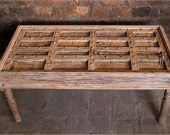 Antique CHAI Coffee Table, White Wash Hand crafted Unique Rustic Door TABLE, Accent Vintage OCCASIONAL Furniture Farmhouse Decor