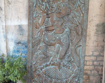 Vintage Krishna Wall Art, Hand-carved Dancing Krishna Under The Kadambari Tree, Custom Barndoor, Artistic Indian Carved Sculpture, 72x36