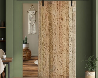 Lotus Carved Barn door, Vintage Indian Door, Bleached Wood, Lotus Ceiling, Hanging Door, Closet, Sliding door, Interior Door, Headboard 80