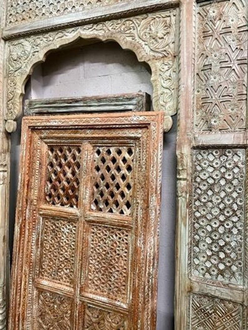 Ornate Vintage Jali Wall panel, Rustic Jharokha, Wall Decor, Indian Carved Accent Wall, Latticed Wood Carved Decor, Interior decor image 2