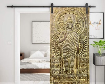 Vintage Barn Door Sculpture, Shakyamuni Standing Buddha Abhaya Mudra Wall Art Hand Carved Wall Panels Wall Art Budha Relief Panel, 84X36