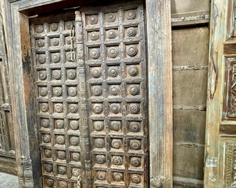 18C Antique Indian Doors With Frame, Lotus Medallion Rustic Teak Doors With Iron Detailing, Unique Eclectic Architecture, Garden Door