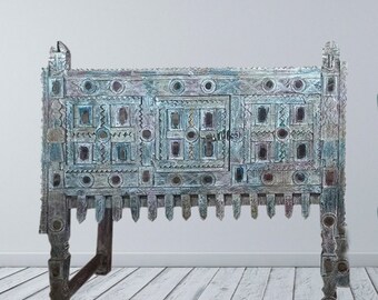 Vintage India DAMCHIA, Unique Mirrors Nomadic Chest, White Blue Patina, Tribal Chest, Console, Accent, Unique Eclectic