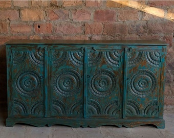 Antique Indian 4 Doors Rustic Credenza, Blue Chakra Sideboard, Kitchen Buffet, Media Chest, Farmhouse Cabinet Storage, Eclectic Old World