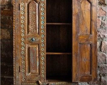 Antique Indian Armoire, Narrow Armoire, Bedroom Armoire, Cabinet, Antique Hand Carved Armoire, Hallway, Living Room Cabinet 59x32
