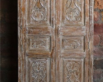 Rustic Antique Indian Cabinet, Shekhawati Tall Cabinet, Floral Carved Teak, Eclectic Armoire Rustic Vintage Farmhouse Storage