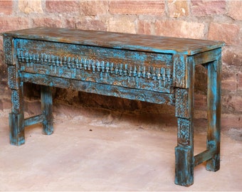 Pushkar Accent Hall Table, Teal Blue Console Table, Carved Sofa Table, Vintage Distressed Wooden RUSTIC Unique Eclectic