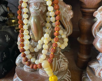 Ganesha Altar- Rudraksha Yellow Jade Prayer Japa Mala, Ganesha Stone Statue Playing Violin Seated on Lotus Base