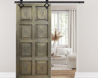 Vintage Carved Door Panel, Blackened Brass Barn Door, Reclaimed Wood, Studio Door, Indian, Moroccan Sliding door, Architectural Design 80x36