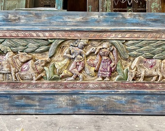 Vintage Carved Radha Krishna Headboard, Colorful Indian Carved Wall Art, Boho King Headboard, Wall Art, Unique Gift, 80X30